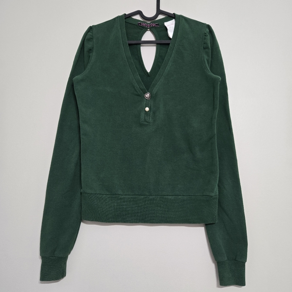 Y2K Fornarina V-Neck Sweatshirt Dark Green Open Back Coquette Heart Button Top S